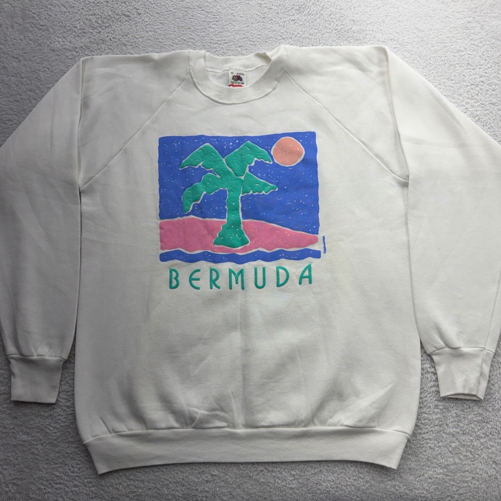Vintage Fruit of the Loom Bermuda Palm Tree Sweatshirt White XL Made in USA 90s